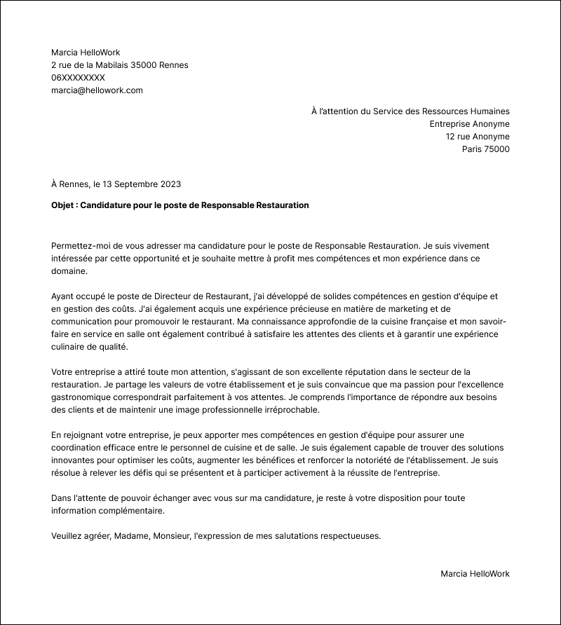 Modèle lettre de motivation Directeur de restaurant Exemple lettre de motivation Directeur de restaurant