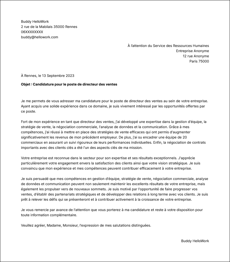 Modèle lettre de motivation Directeur des ventes Exemple lettre de motivation Directeur des ventes