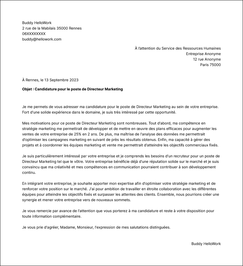 Exemple lettre de motivation Directeur marketing