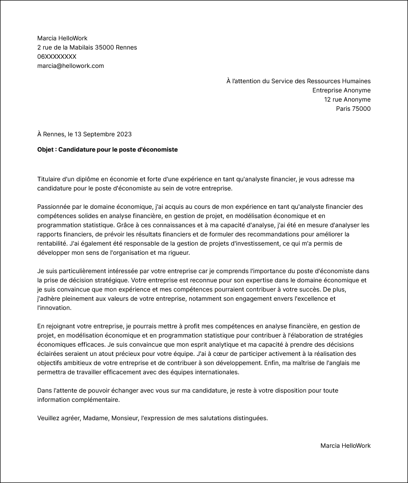 Modèle lettre de motivation Economiste Exemple lettre de motivation Economiste