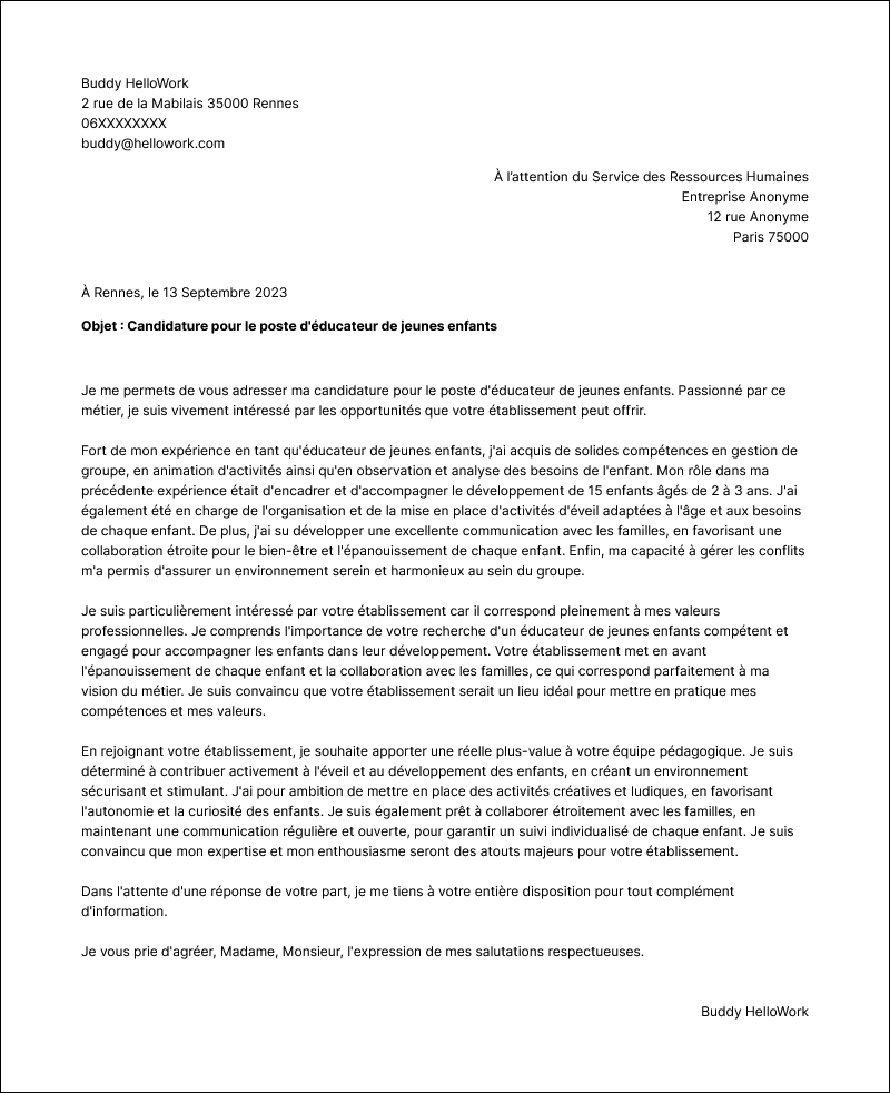 Modèle lettre de motivation EJE Exemple lettre de motivation EJE