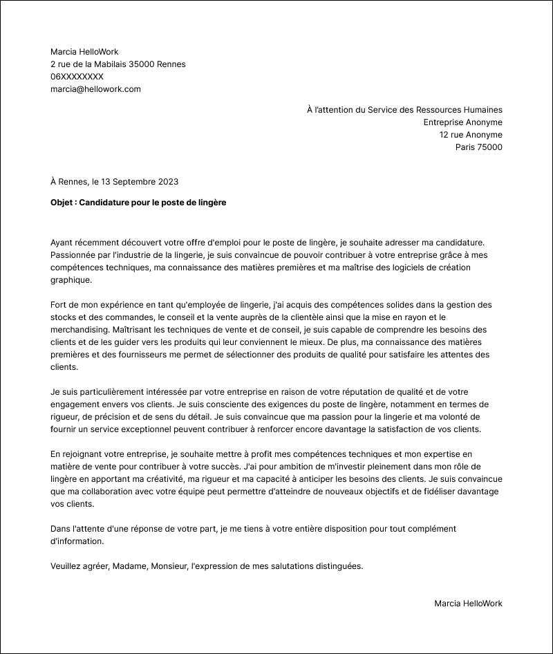 Modèle lettre de motivation Employé de lingerie Exemple lettre de motivation Employé de lingerie