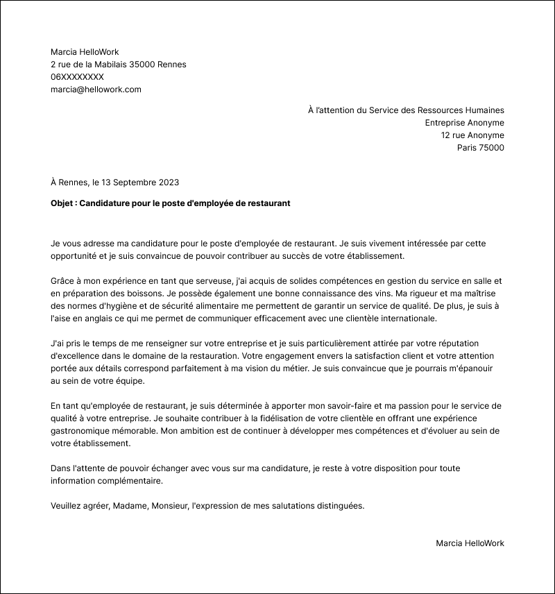 Exemple lettre de motivation Employé de restaurant