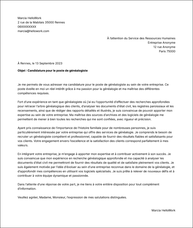 Exemple lettre de motivation Généalogiste