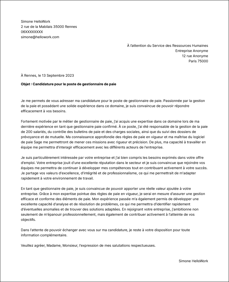 Exemple lettre de motivation Gestionnaire de paie