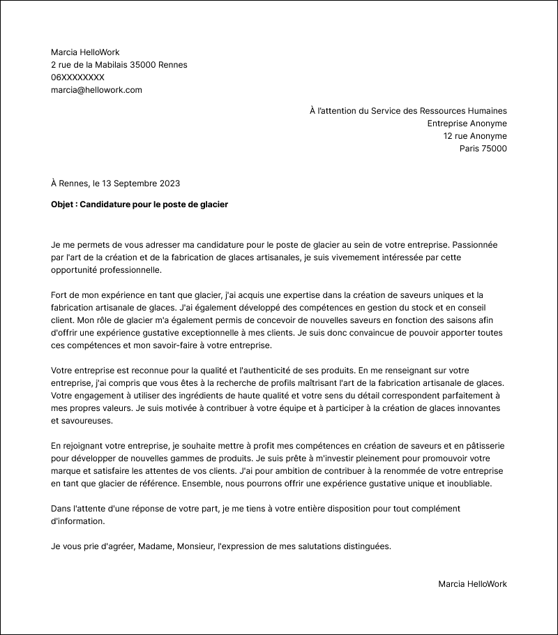 Modèle lettre de motivation Glacier Exemple lettre de motivation Glacier