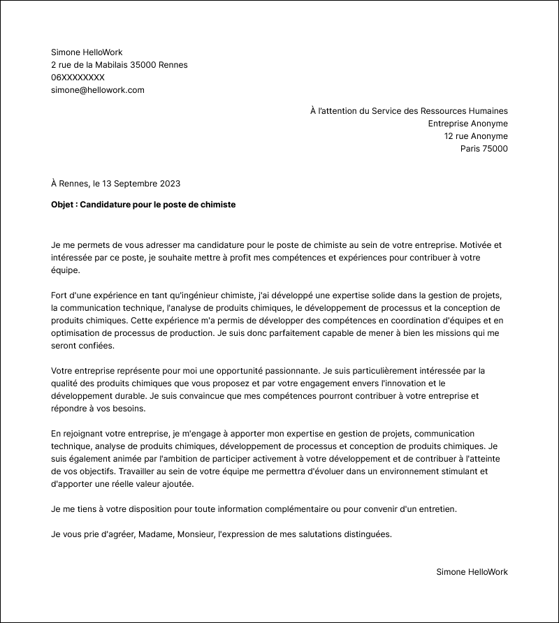 Modèle lettre de motivation Ingénieur chimiste Exemple lettre de motivation Ingénieur chimiste