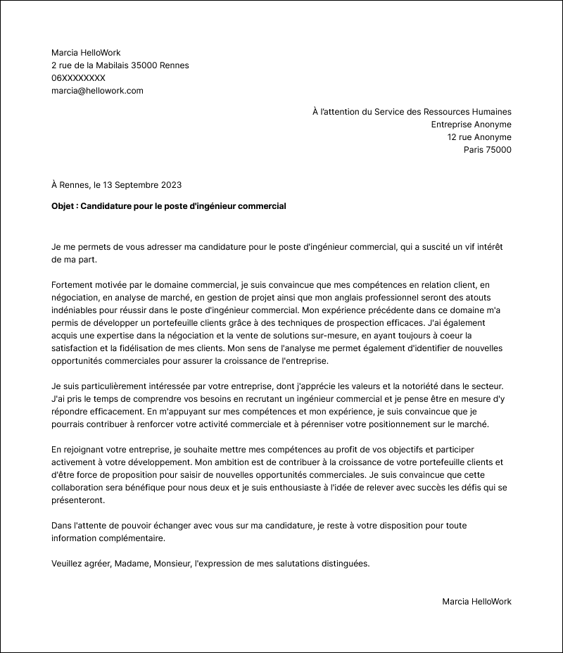 Modèle lettre de motivation Ingénieur commercial Exemple lettre de motivation Ingénieur commercial
