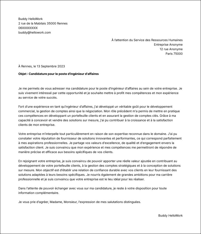 Modèle lettre de motivation Ingénieur d'affaires Exemple lettre de motivation Ingénieur d'affaires