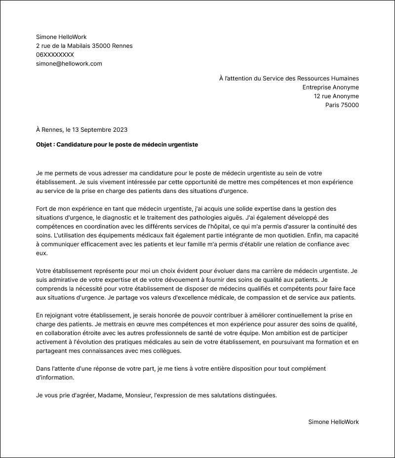 Modèle lettre de motivation Médecin urgentiste Exemple lettre de motivation Médecin urgentiste