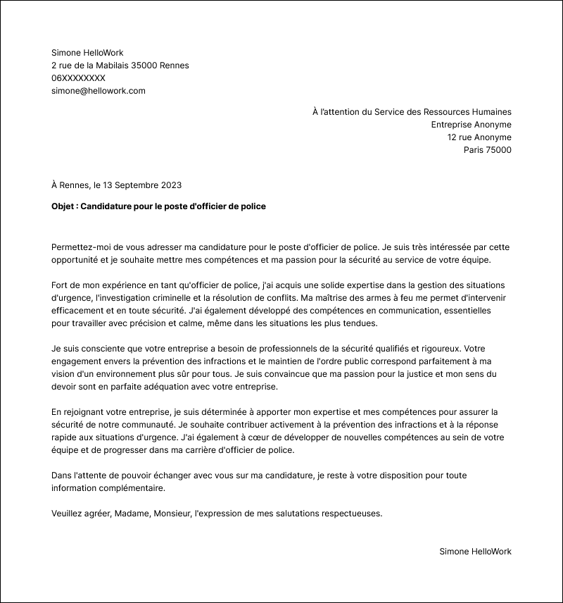 Modèle lettre de motivation Officier de police Exemple lettre de motivation Officier de police