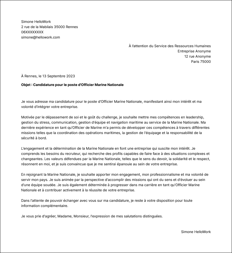 Modèle lettre de motivation Officier marine nationale Exemple lettre de motivation Officier marine nationale