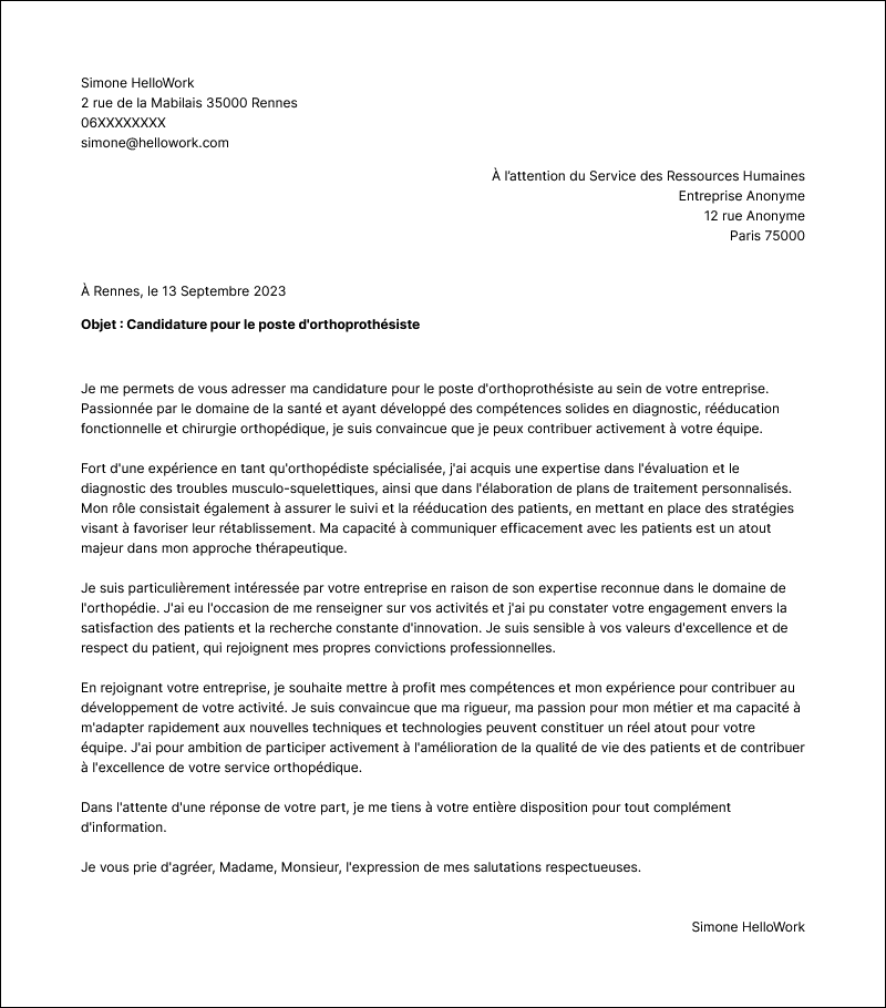 Modèle lettre de motivation Orthopédiste Exemple lettre de motivation Orthopédiste