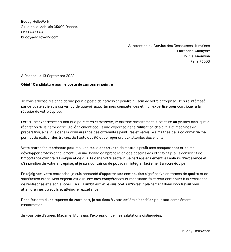 Exemple lettre de motivation Peintre en carrosserie