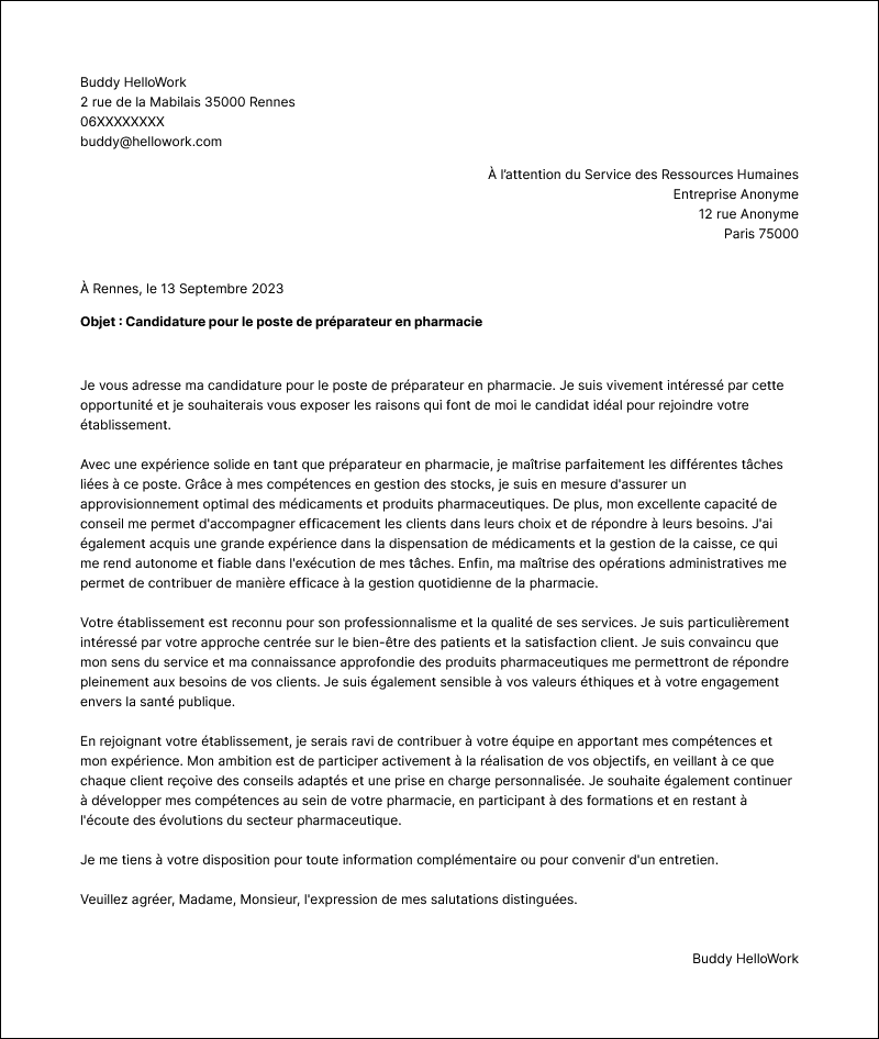 Exemple lettre de motivation Préparatrice en pharmacie