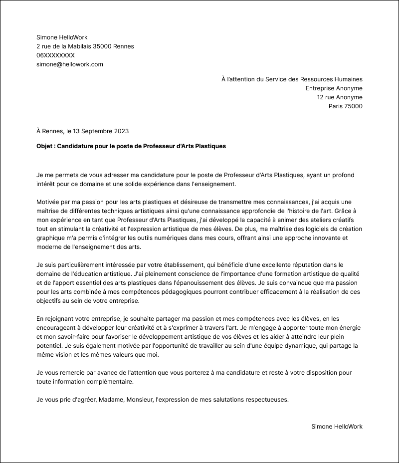Modèle lettre de motivation Professeur d'arts plastiques Exemple lettre de motivation Professeur d'arts plastiques