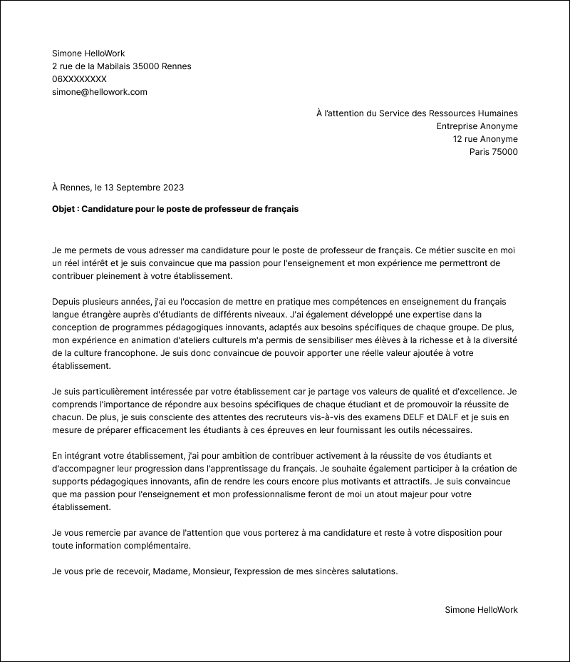 Modèle lettre de motivation Professeur de français Exemple lettre de motivation Professeur de français