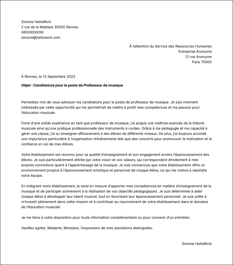 Modèle lettre de motivation Professeur de musique Exemple lettre de motivation Professeur de musique