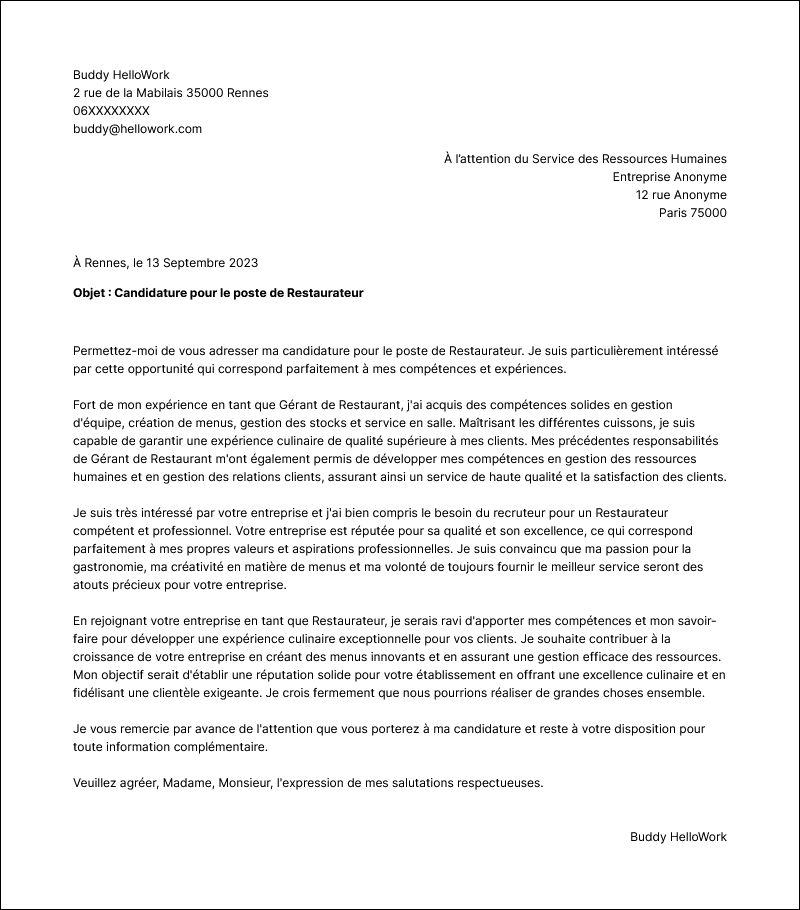 Modèle lettre de motivation Restaurateur Exemple lettre de motivation Restaurateur