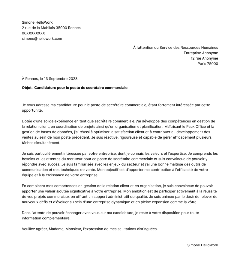 Modèle lettre de motivation Secrétaire commerciale Exemple lettre de motivation Secrétaire commerciale