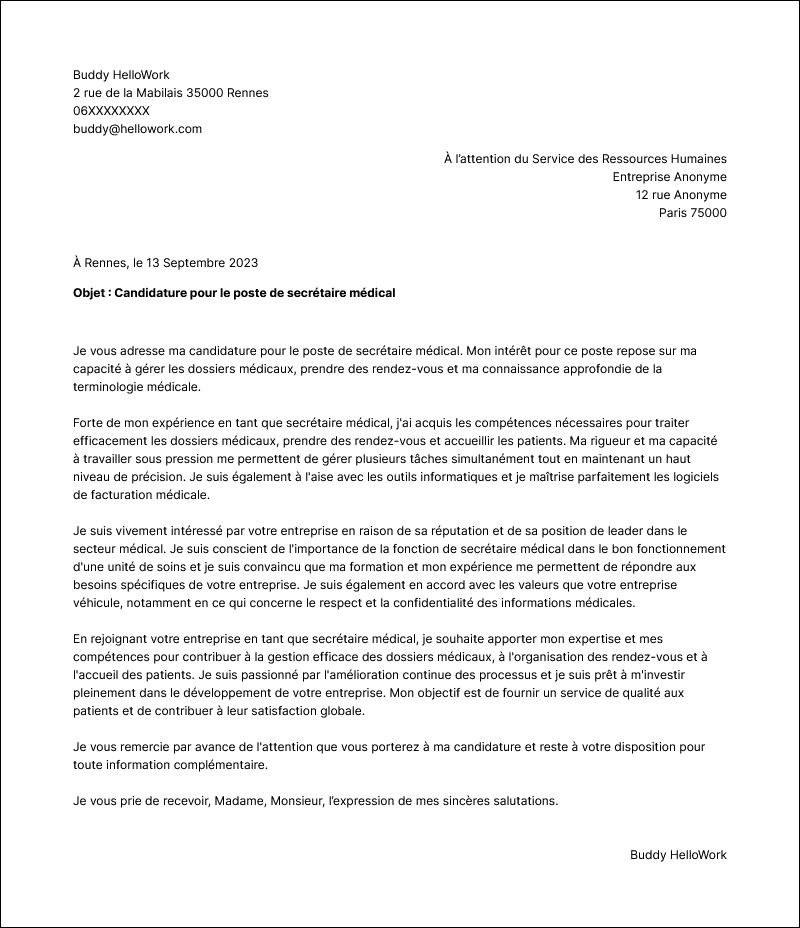 Modèle lettre de motivation Secrétaire médical Exemple lettre de motivation Secrétaire médical