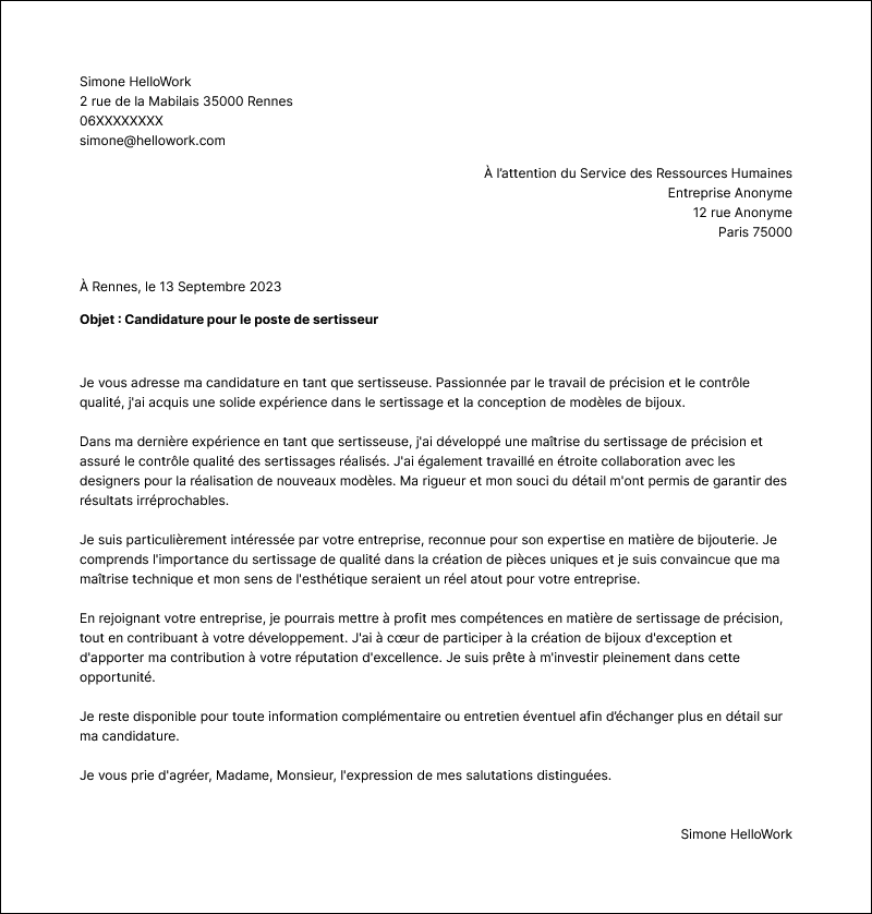 Modèle lettre de motivation Sertisseur Exemple lettre de motivation Sertisseur