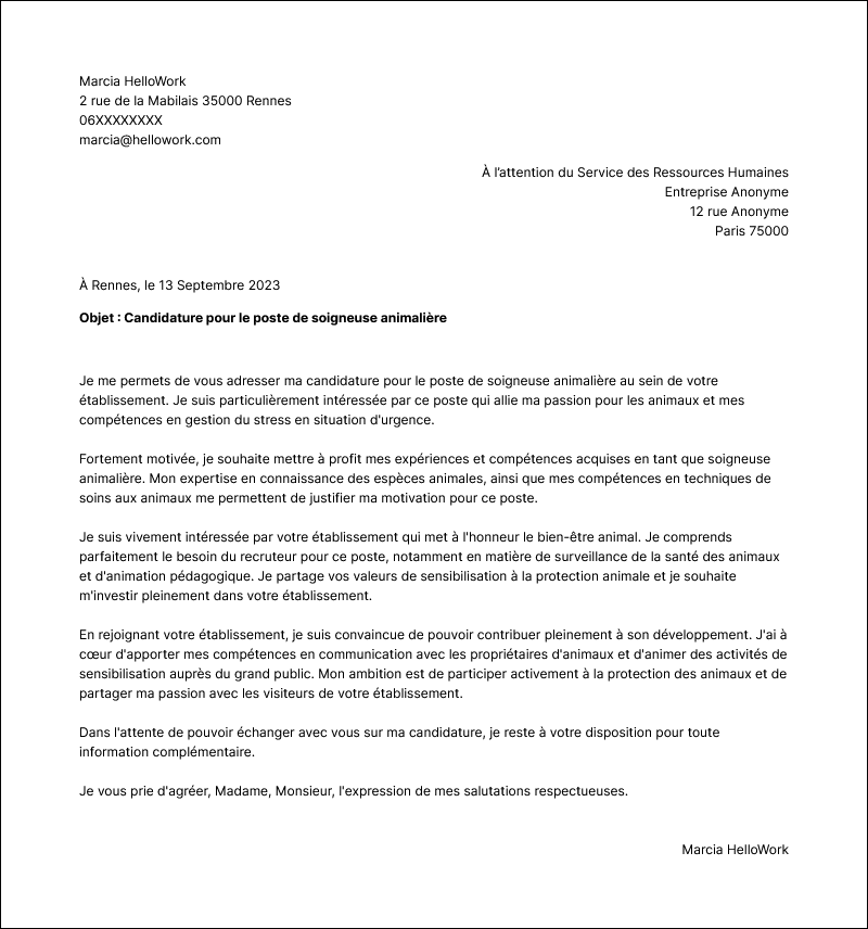 Exemple lettre de motivation Soigneur animalier
