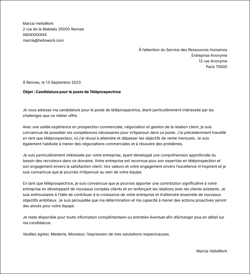 Modèle lettre de motivation Téléprospecteur Exemple lettre de motivation Téléprospecteur