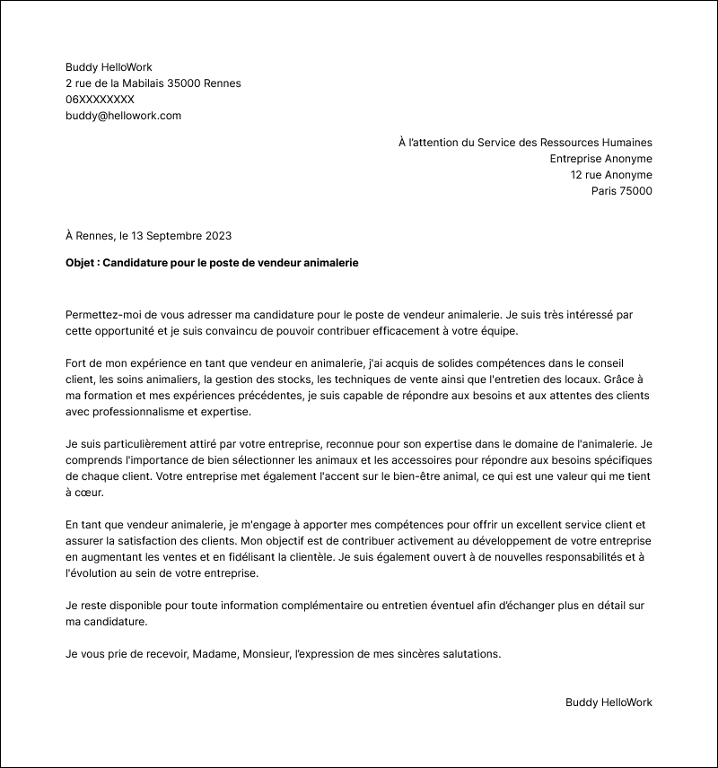 Modèle lettre de motivation Vendeur animalerie Exemple lettre de motivation Vendeur animalerie