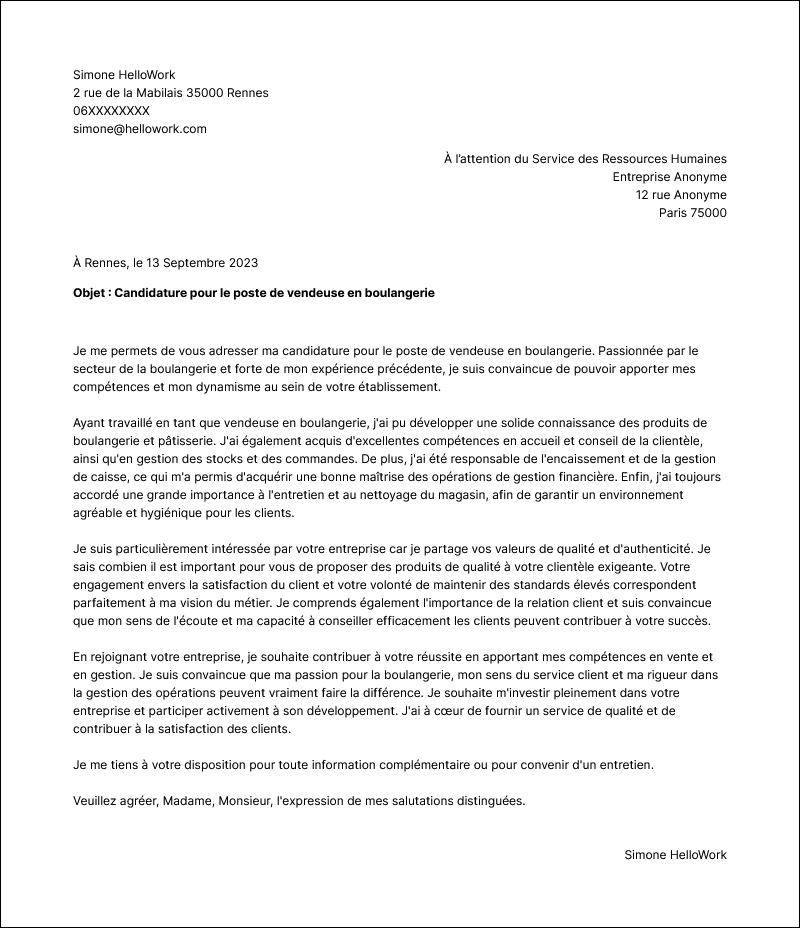 Modèle lettre de motivation Vendeuse boulangerie Exemple lettre de motivation Vendeuse boulangerie