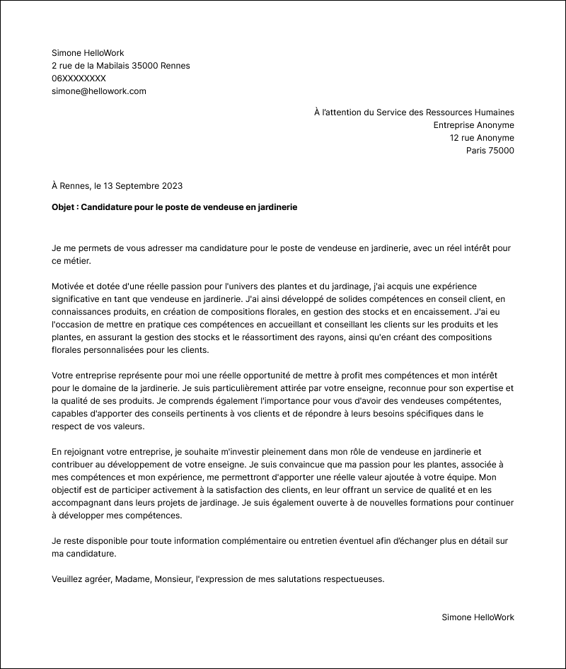 Exemple lettre de motivation Vendeur en jardinerie