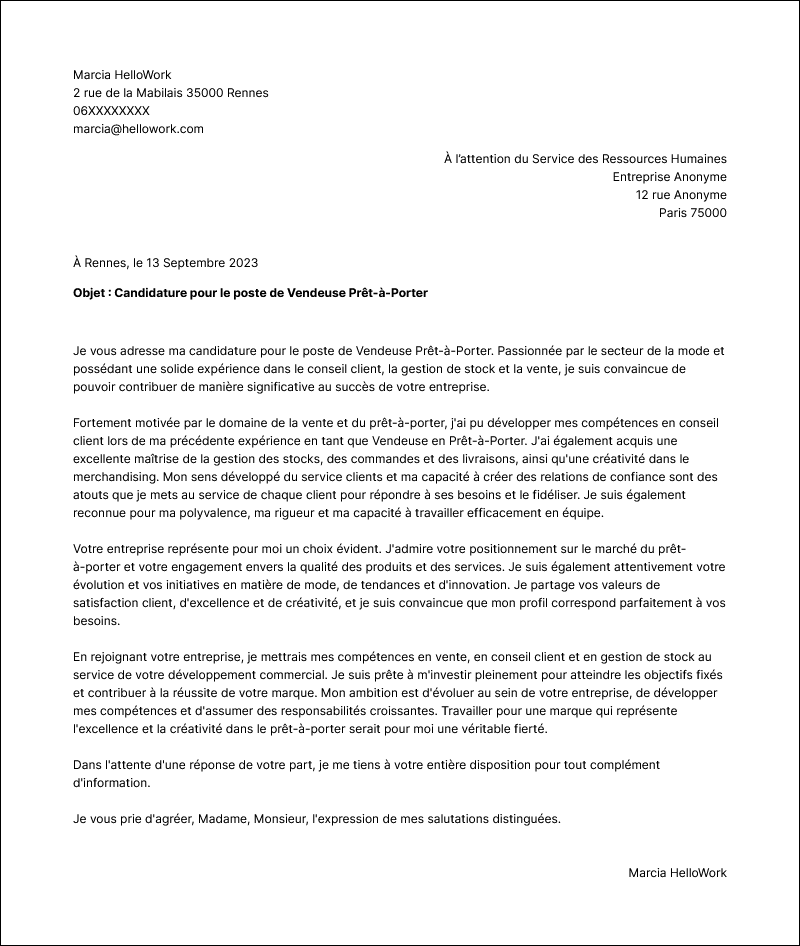 Modèle lettre de motivation Vendeur en prêt-à-porter Exemple lettre de motivation Vendeur en prêt-à-porter