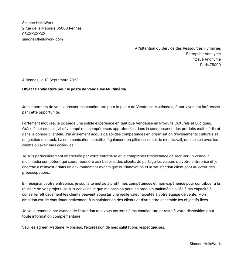 Modèle lettre de motivation Vendeur en multimédia Exemple lettre de motivation Vendeur en multimédia