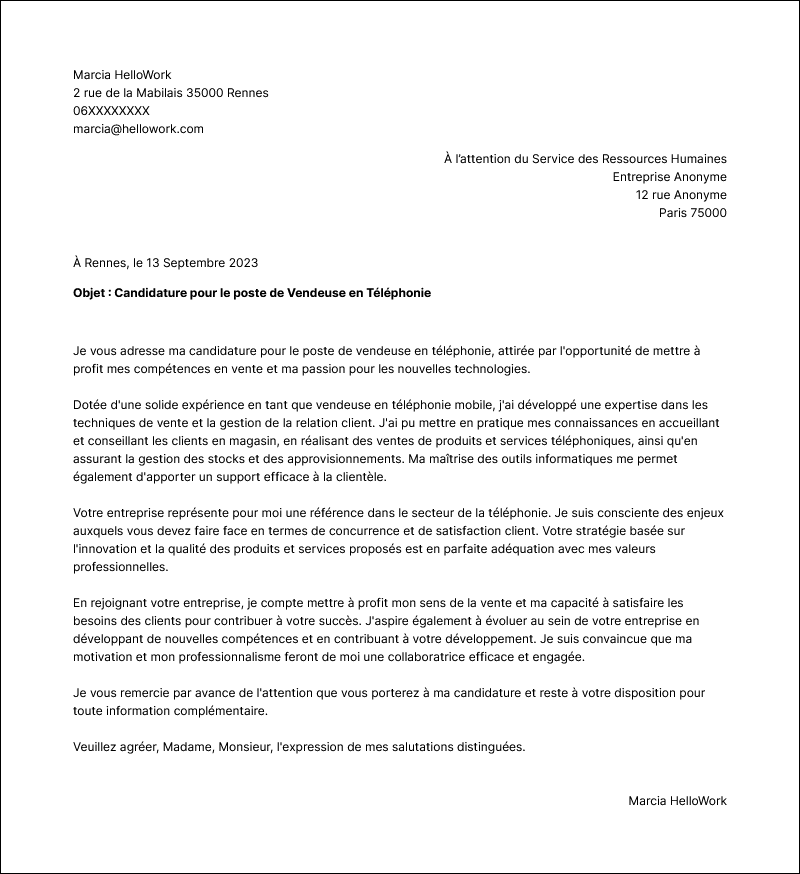 Exemple lettre de motivation Vendeur en téléphonie