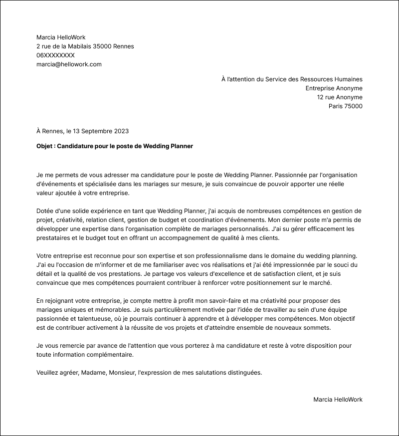Exemple lettre de motivation Wedding planner