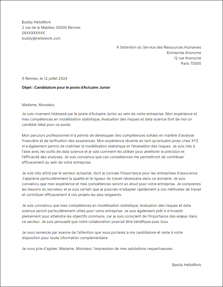 Exemple lettre de motivation pour le secteur Actuariat