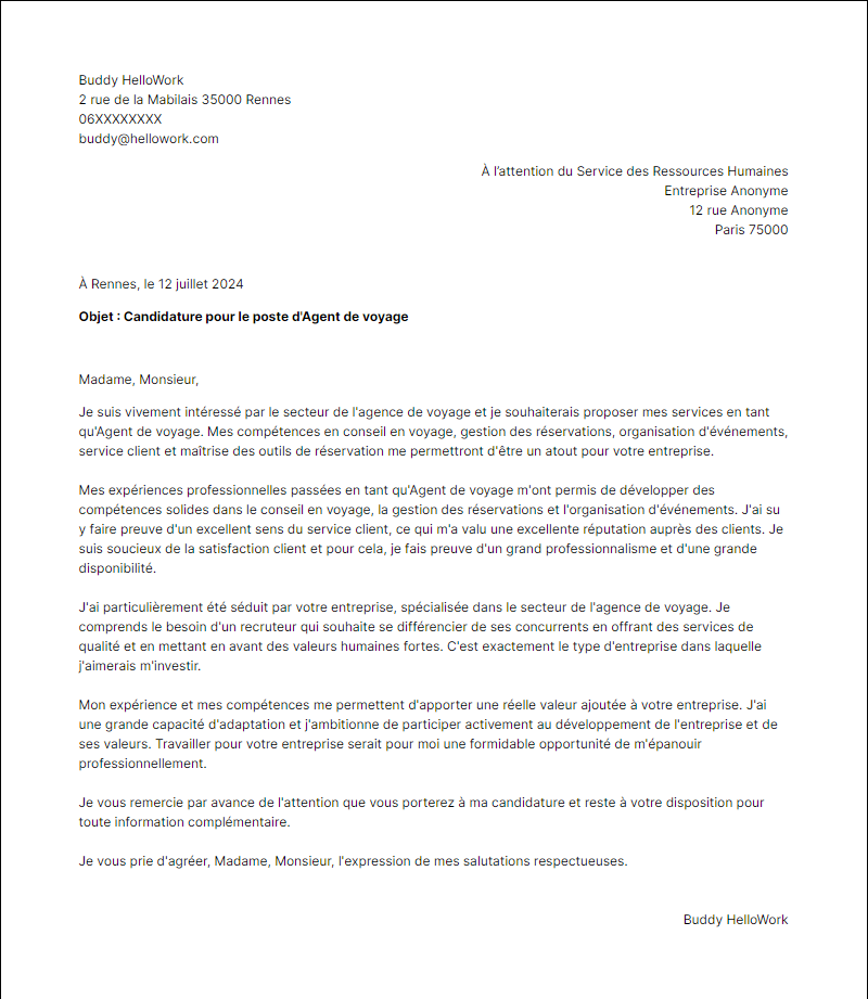 Exemple lettre de motivation pour le secteur Agence de voyage