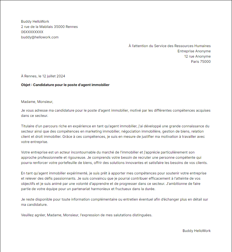 Modèle lettre de motivation pour le secteur Agence Immobiliere Exemple lettre de motivation pour le secteur Agence Immobiliere