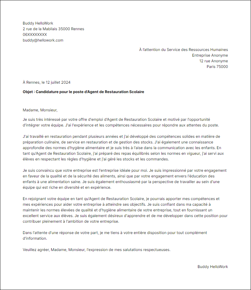 Modèle lettre de motivation en tant que Agent De Restauration Scolaire Exemple lettre de motivation en tant que Agent De Restauration Scolaire