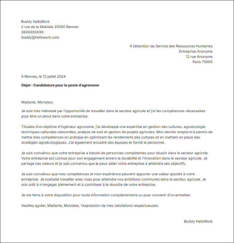 Modèle lettre de motivation pour le secteur Agriculture Exemple lettre de motivation pour le secteur Agriculture