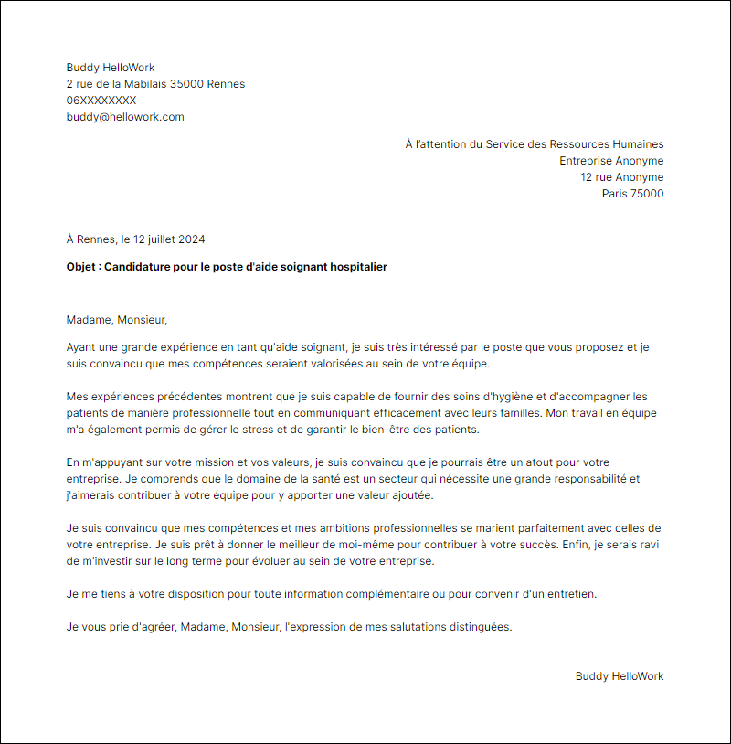 Modèle lettre de motivation en tant que Aide soignante hopital Exemple lettre de motivation en tant que Aide soignante hopital