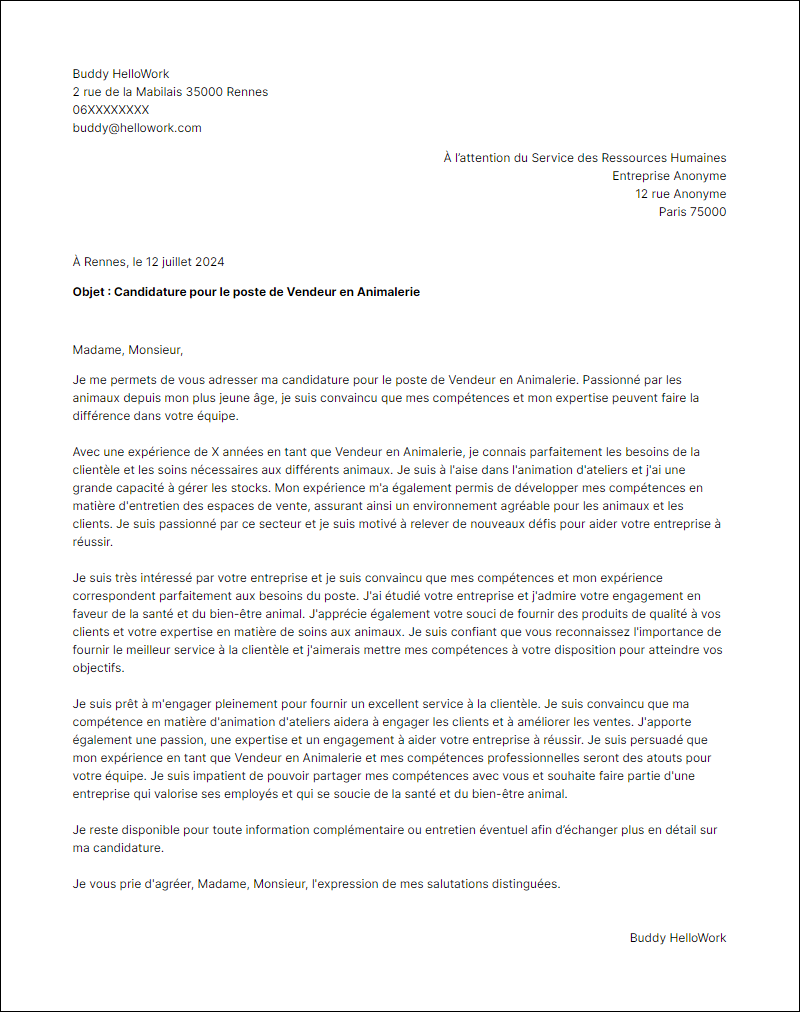 Modèle lettre de motivation pour le secteur Animalerie Exemple lettre de motivation pour le secteur Animalerie