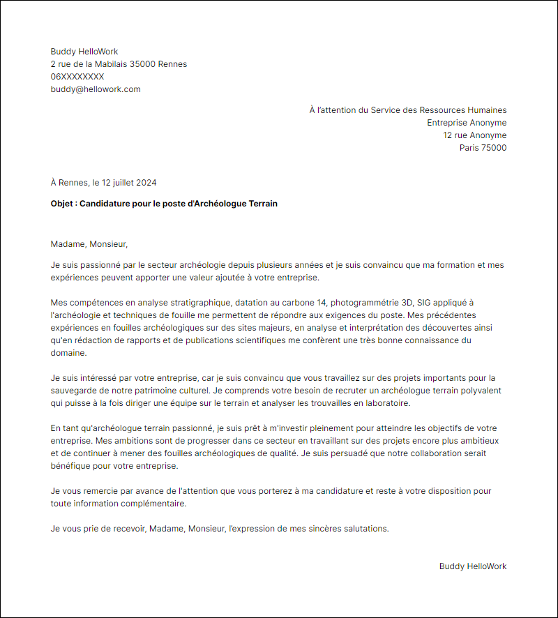 Modèle lettre de motivation pour le secteur Archéologie Exemple lettre de motivation pour le secteur Archéologie