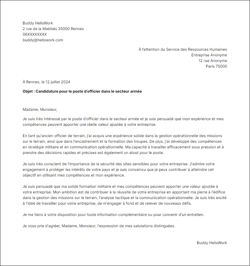 Exemple lettre de motivation pour le secteur Armée