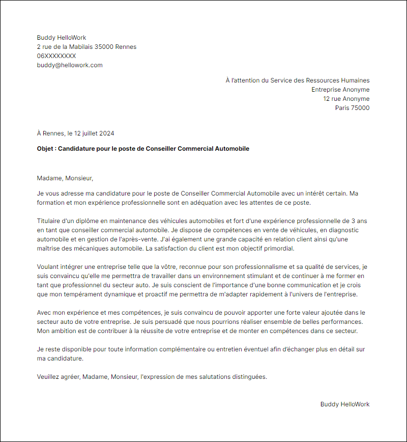Modèle lettre de motivation pour le secteur Auto Exemple lettre de motivation pour le secteur Auto
