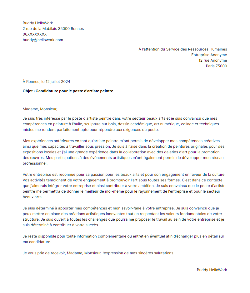 Modèle lettre de motivation pour le secteur Beaux Arts Exemple lettre de motivation pour le secteur Beaux Arts