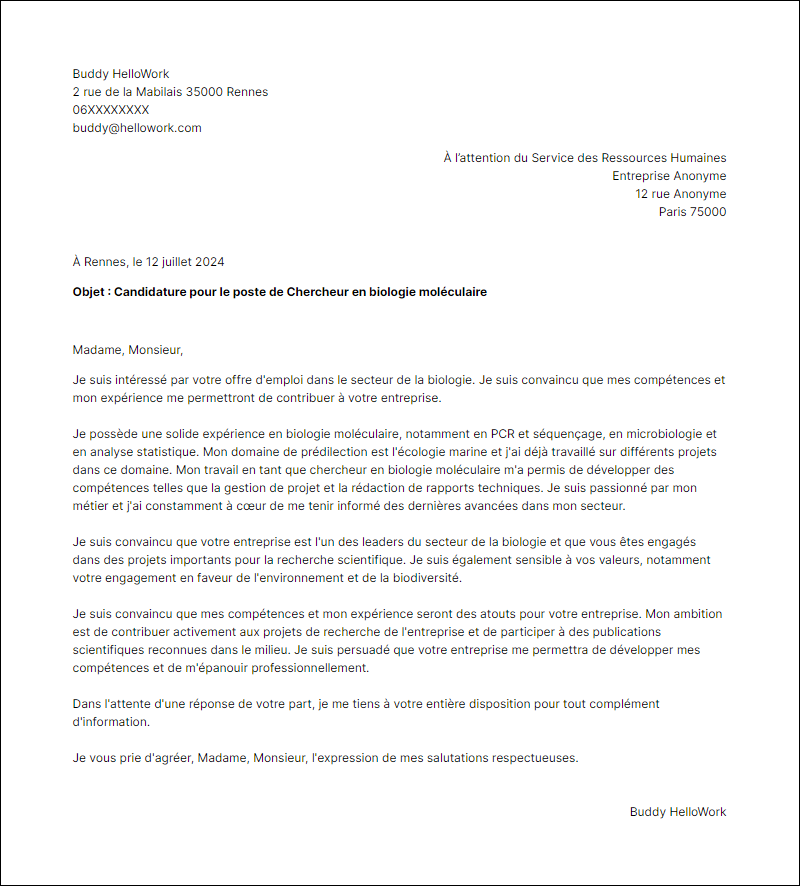 Modèle lettre de motivation pour le secteur Biologie Exemple lettre de motivation pour le secteur Biologie