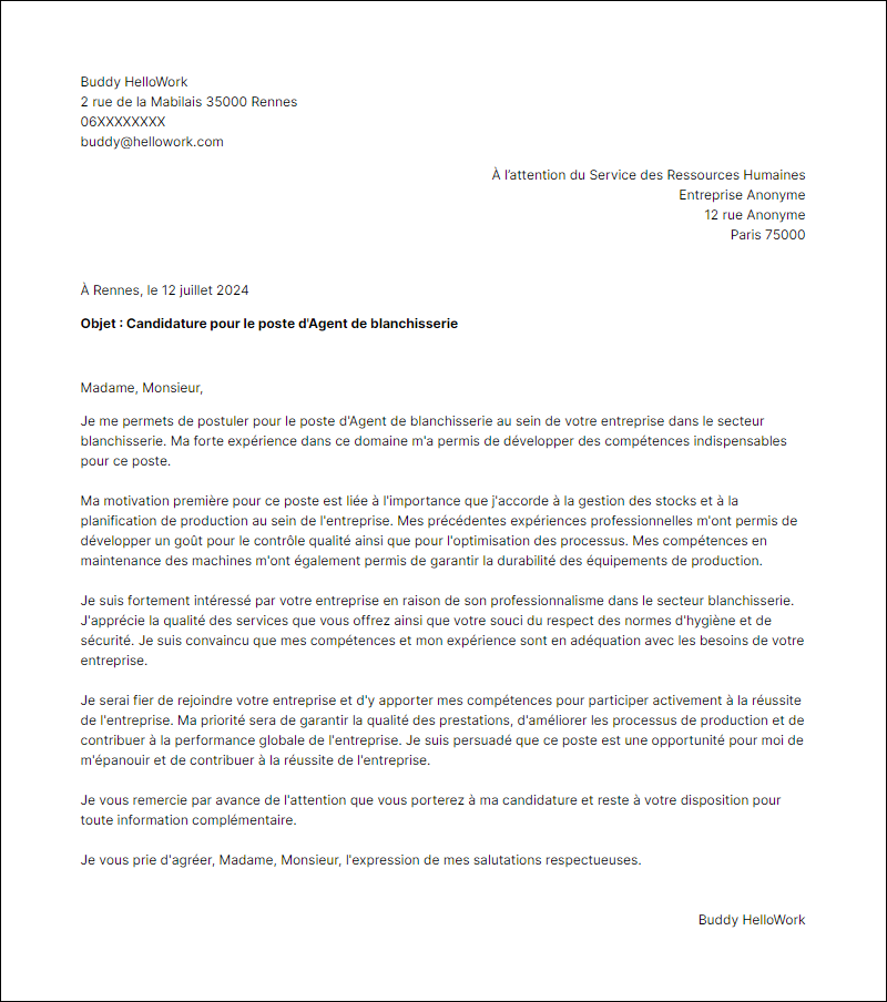 Modèle lettre de motivation pour le secteur Blanchisserie Exemple lettre de motivation pour le secteur Blanchisserie