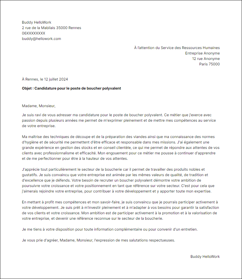 Modèle lettre de motivation pour le secteur Boucherie Exemple lettre de motivation pour le secteur Boucherie