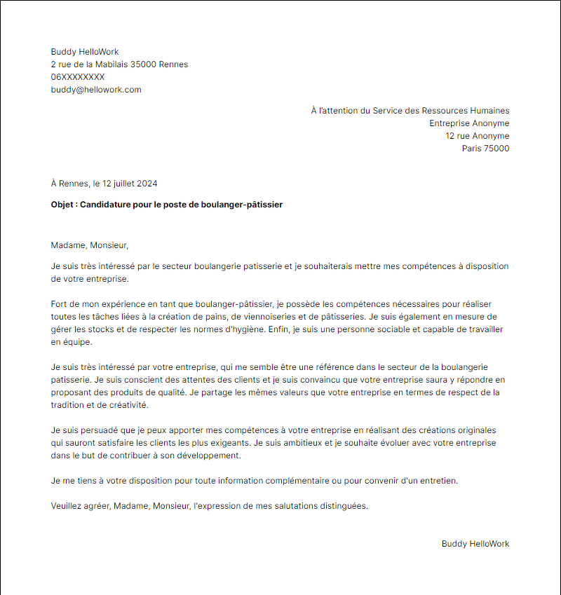 Modèle lettre de motivation pour le secteur Boulangerie patisserie Exemple lettre de motivation pour le secteur Boulangerie patisserie